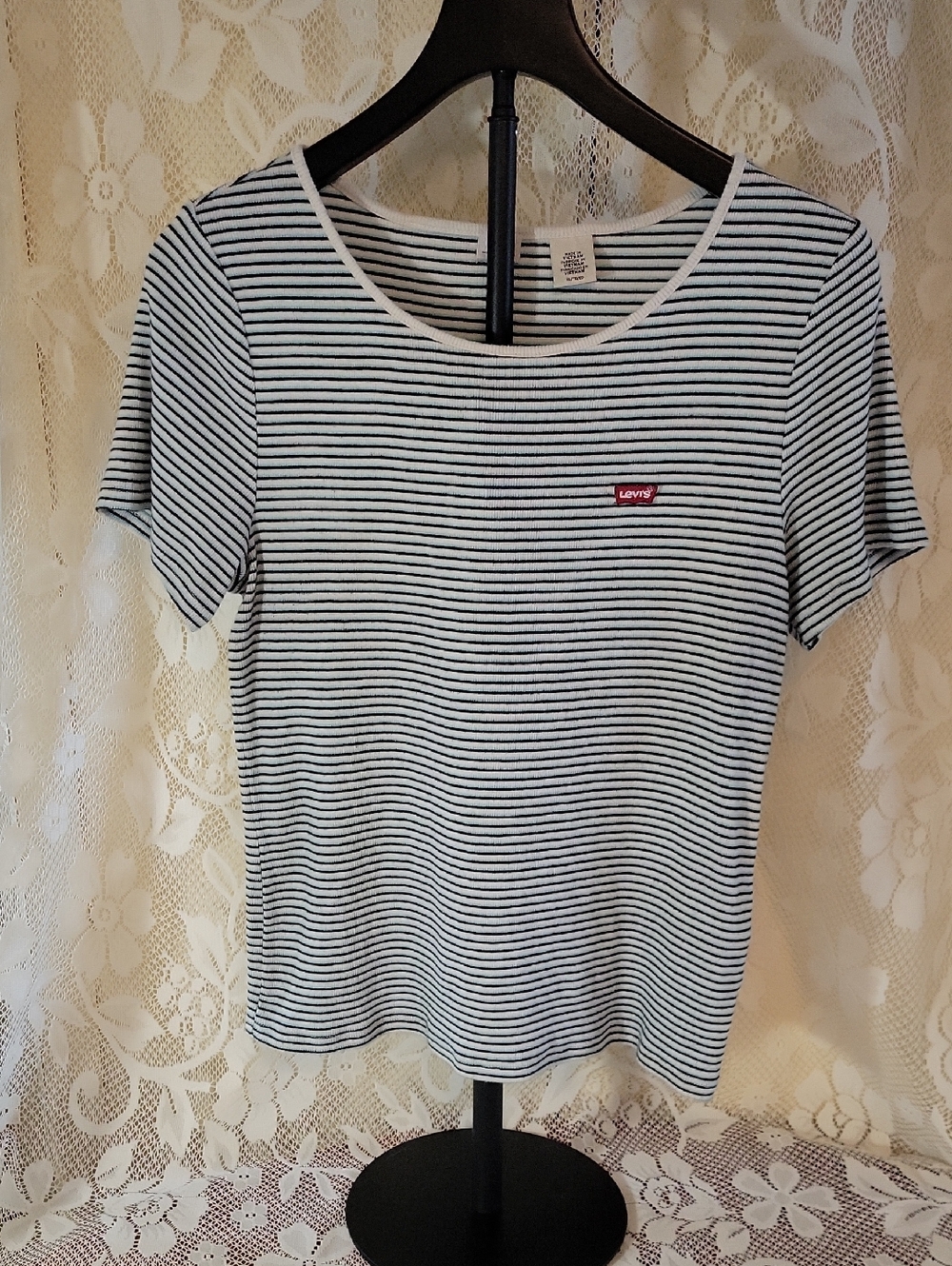 Levi's Black & White Striped Scoop Neck Tee with Red Logo Patch